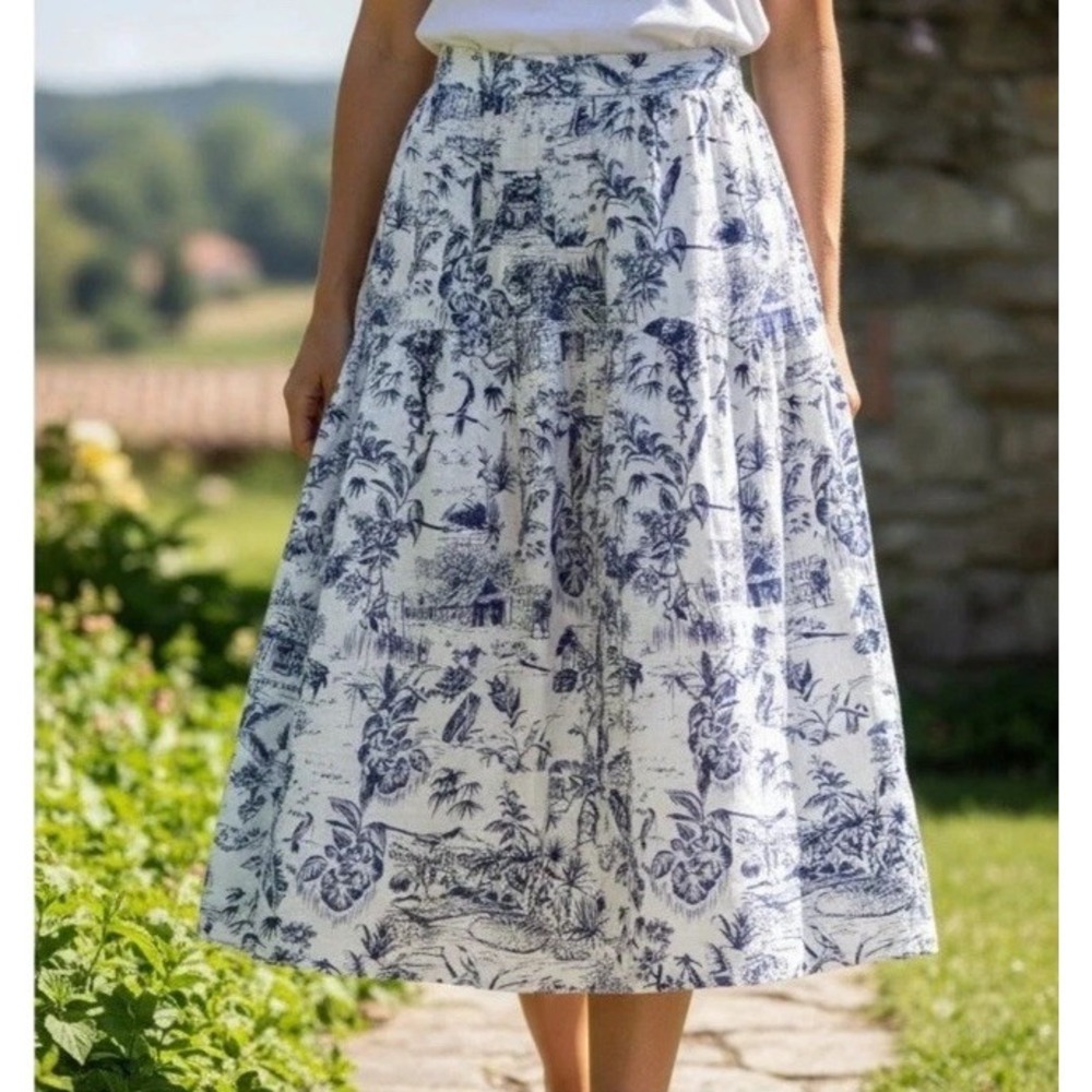 Joie 100% Linen Toile Midi Skirt Blue White Cottage Beach Tropical Print - M